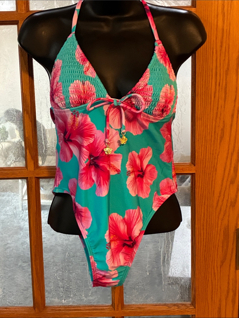 No Boundaries Teal One-Piece Swimsuit with Pink Floral Print